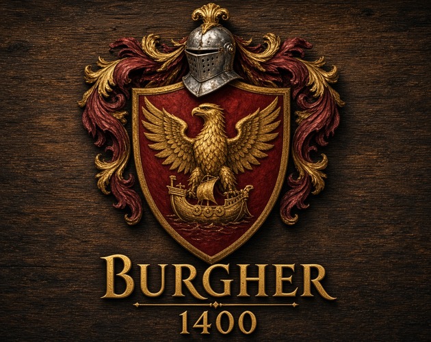 Burgher 1400 coat of arms with a golden eagle, a knight's helmet, and gold lettering on dark wood