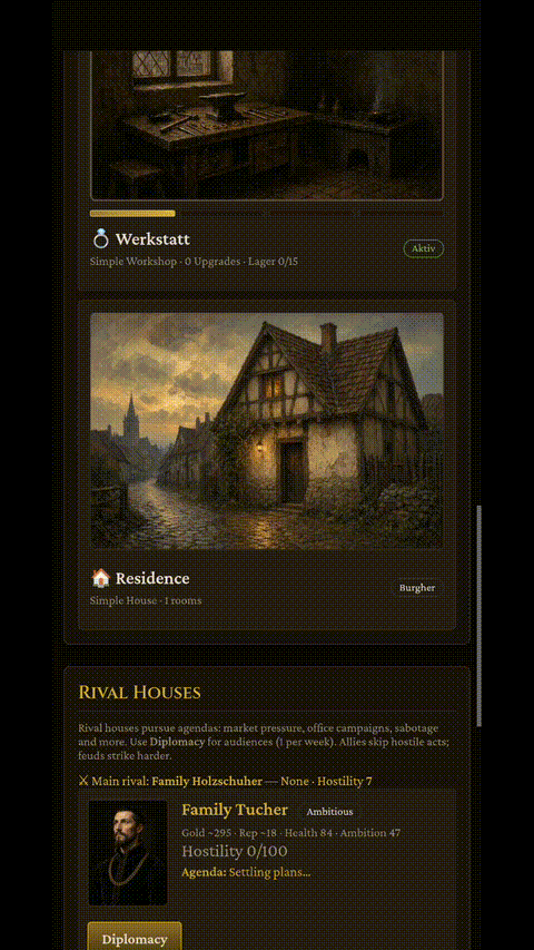 Burgher 1400 gameplay showing the workshop, residence, and rival houses