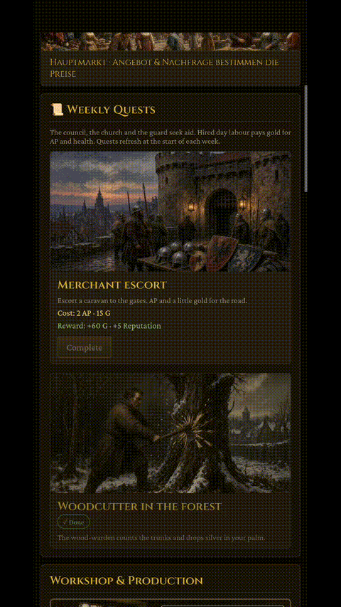 Burgher 1400 gameplay showing weekly quests including merchant escort and woodcutting